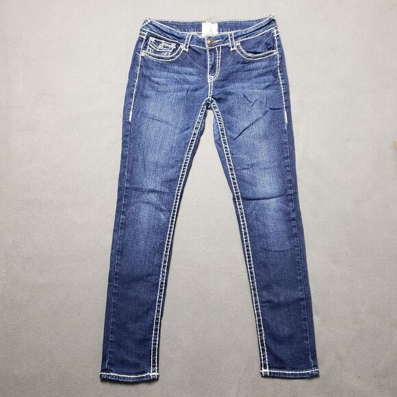 L.A. IDOL Thick Stitching Bling SKINNY JEANS sz 9 / 31 CRYSTAL STUDS Flap pocket - Picture 1 of 16